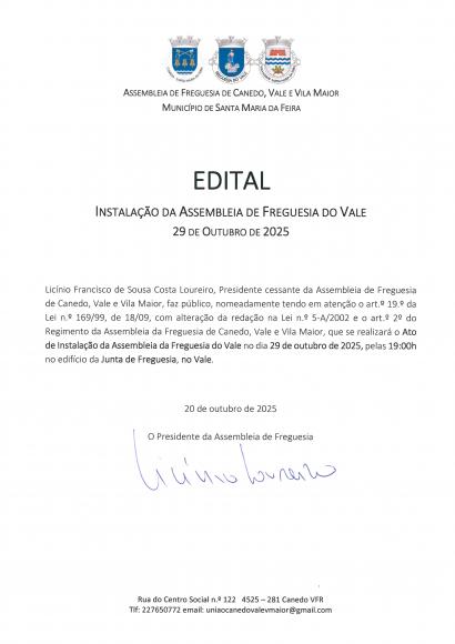 Edital_Instalação da Assembleia de Freguesia do Vale Edital_Instalação da Assembleia de Freguesia do Vale